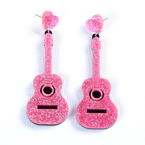 Pink Glitter Musical Instrument Guitar 🎸 Drop Earrings For Women - Picture 2 of 4